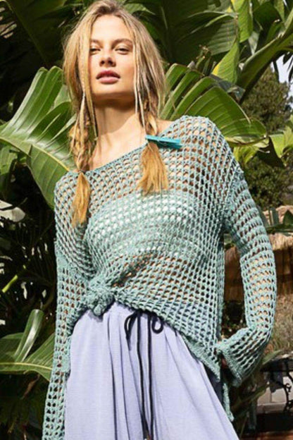 POL Side Slit Openwork Long Sleeve Knit Cover Up Dress - Selvanelle