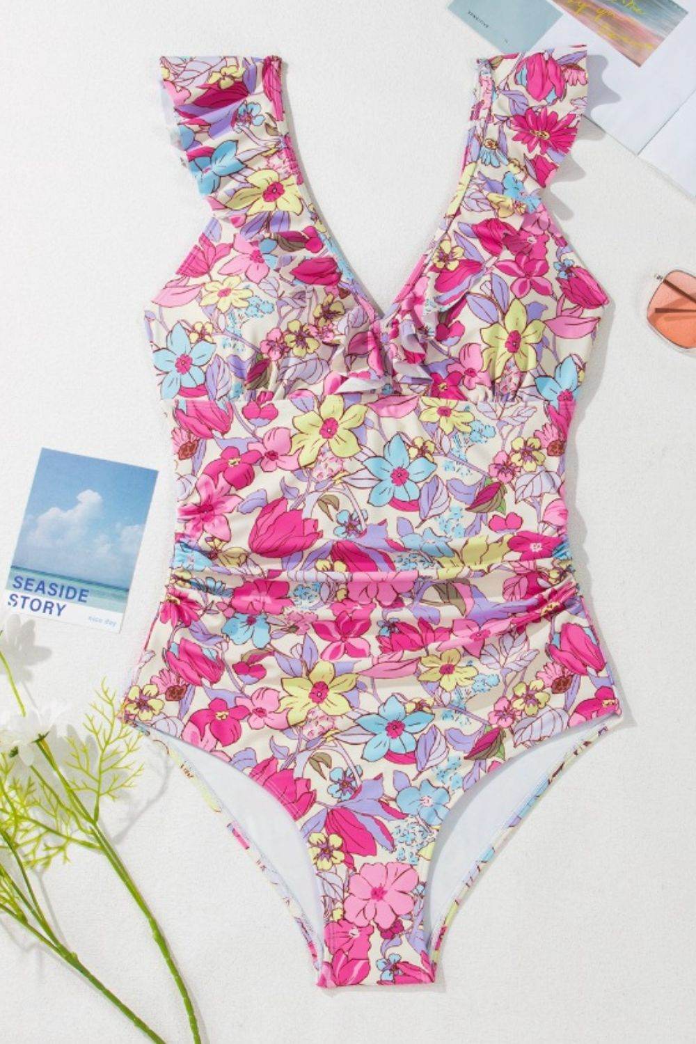 Floral Ruffle Trim Tummy Control One Piece Swimsuit - Selvanelle