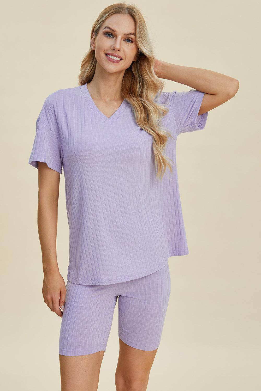Basic Bae Full Size Ribbed V-Neck Top and Shorts Set For Women - Selvanelle