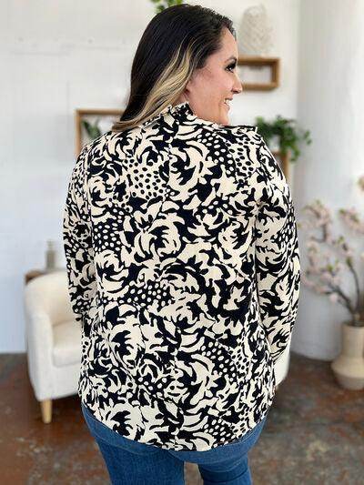 Double Take Full Size Printed Ruffle Trim Balloon Sleeve Shirt - Selvanelle