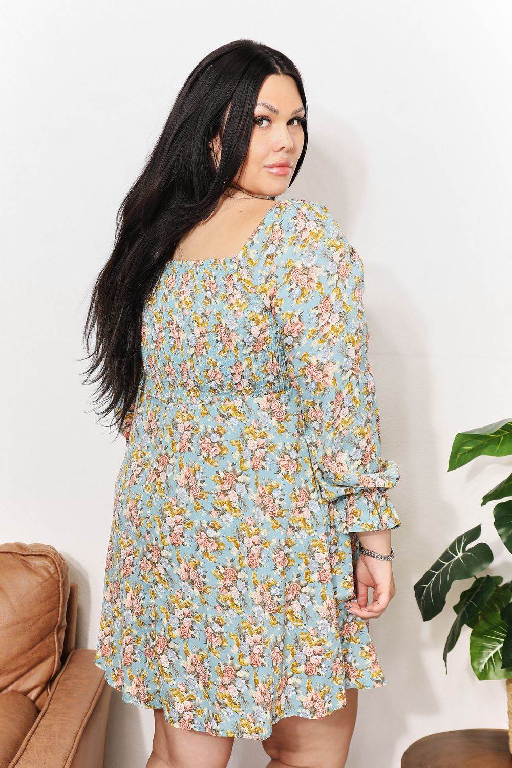 Honey Floral Smocked Flounce Sleeve Square Neck Dress - Selvanelle