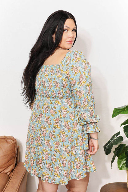 Honey Floral Smocked Flounce Sleeve Square Neck Dress - Selvanelle