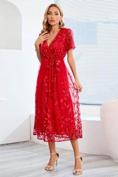Sequin Leaf Embroidery Tie Front Short Sleeve Dress for Women - Selvanelle
