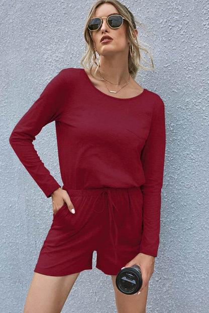 Drawstring Waist Long Sleeve Romper - Selvanelle