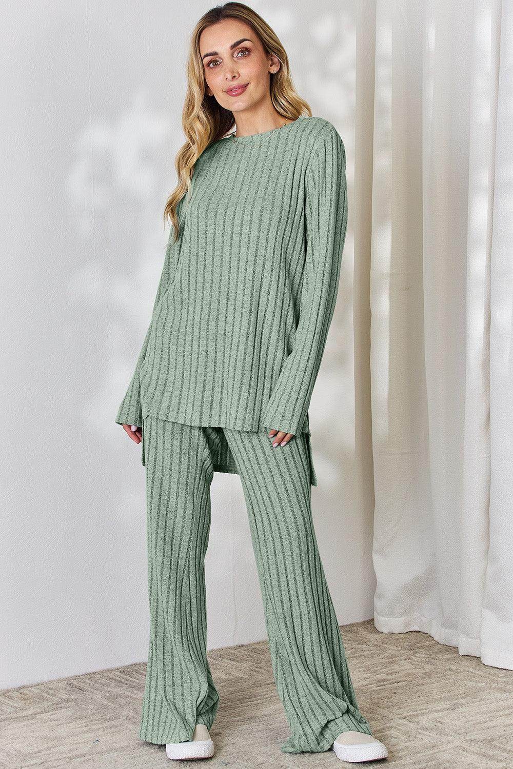 Basic Bae Full Size Ribbed High-Low Top and Wide Leg Pants Set - Selvanelle