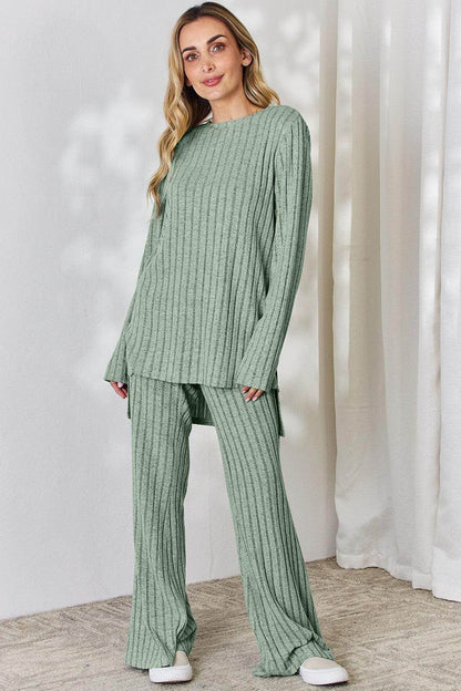 Basic Bae Full Size Ribbed High-Low Top and Wide Leg Pants Set - Selvanelle