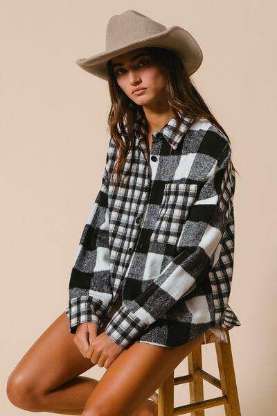 BiBi Plaid Fleece Button Down Long Sleeve Shirt for Women - Selvanelle