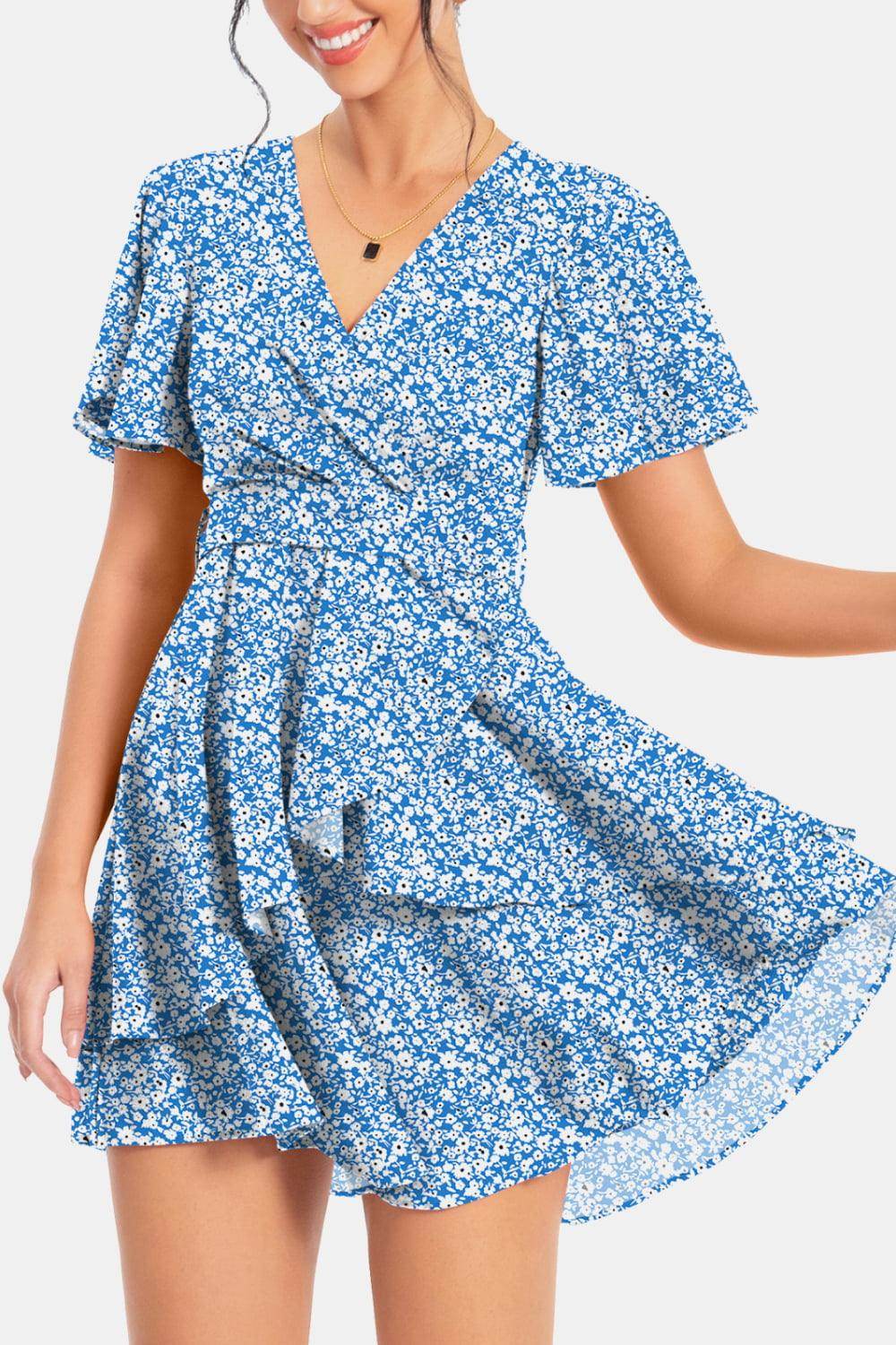 Surplice Neck Flutter Sleeve Dress for Chic Summer Style - Selvanelle