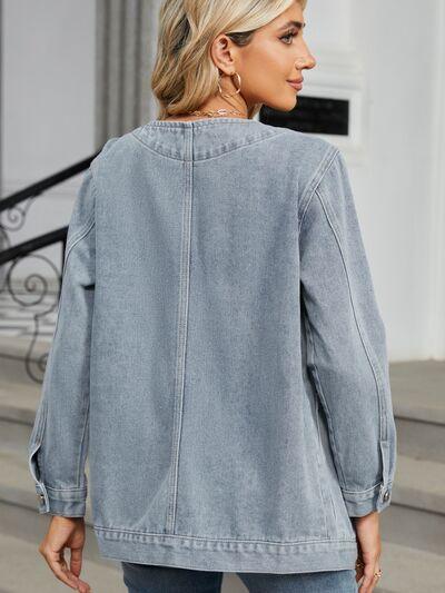 Stylish Pocketed V-Neck Button Up Denim Jacket from Selvanelle, perfect for elevating any outfit.