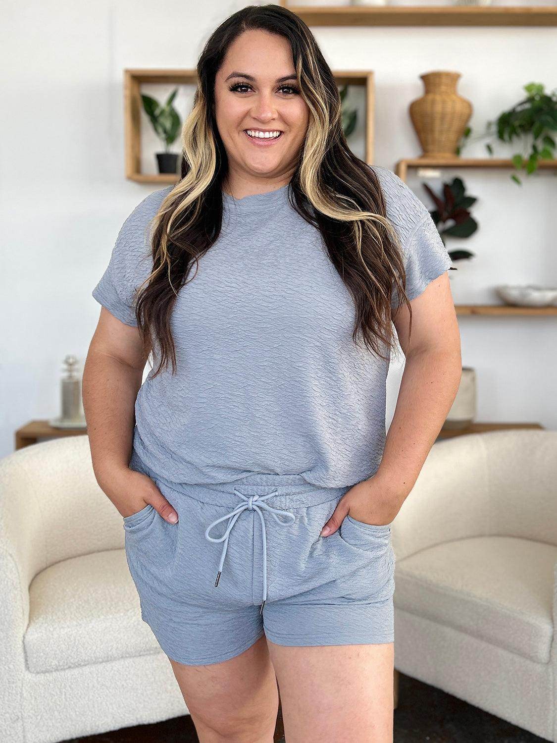 Double Take Full Size Texture Short Sleeve T-Shirt and Drawstring Shorts Set - Selvanelle