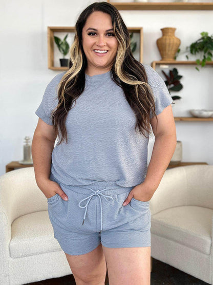 Double Take Full Size Texture Short Sleeve T-Shirt and Drawstring Shorts Set - Selvanelle