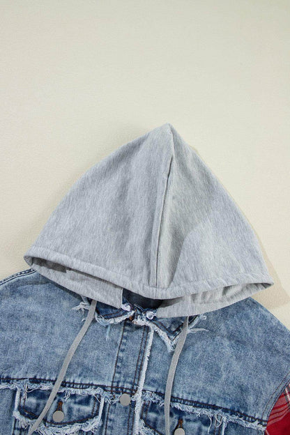 Raw Hem Drawstring Plaid Denim Jacket for Women - Selvanelle
