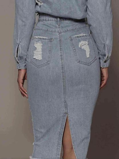 Distressed Slit Denim Skirt in 100 Percent Cotton Fabric - Selvanelle