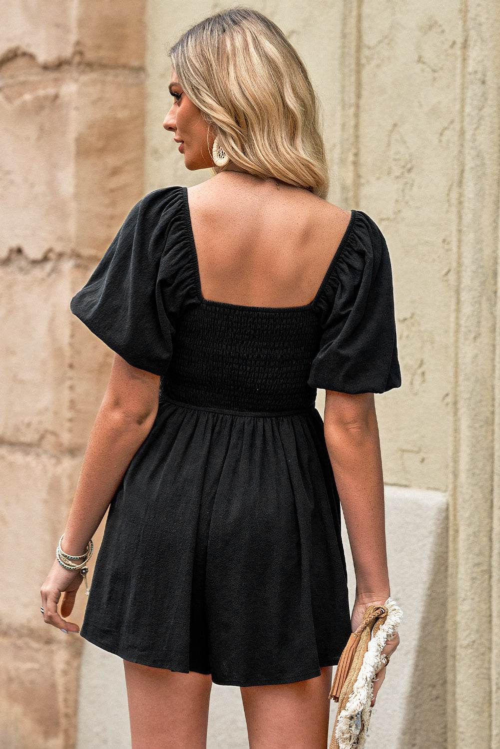 Square Neck Pleated Romper with Pockets - Selvanelle