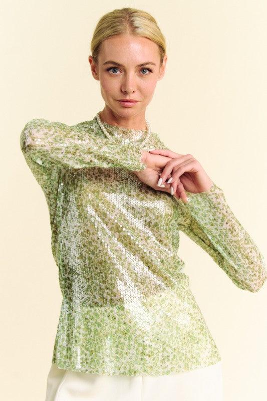 Davi & Dani Sequin Mock Neck Long Sleeve Mesh Top Glam