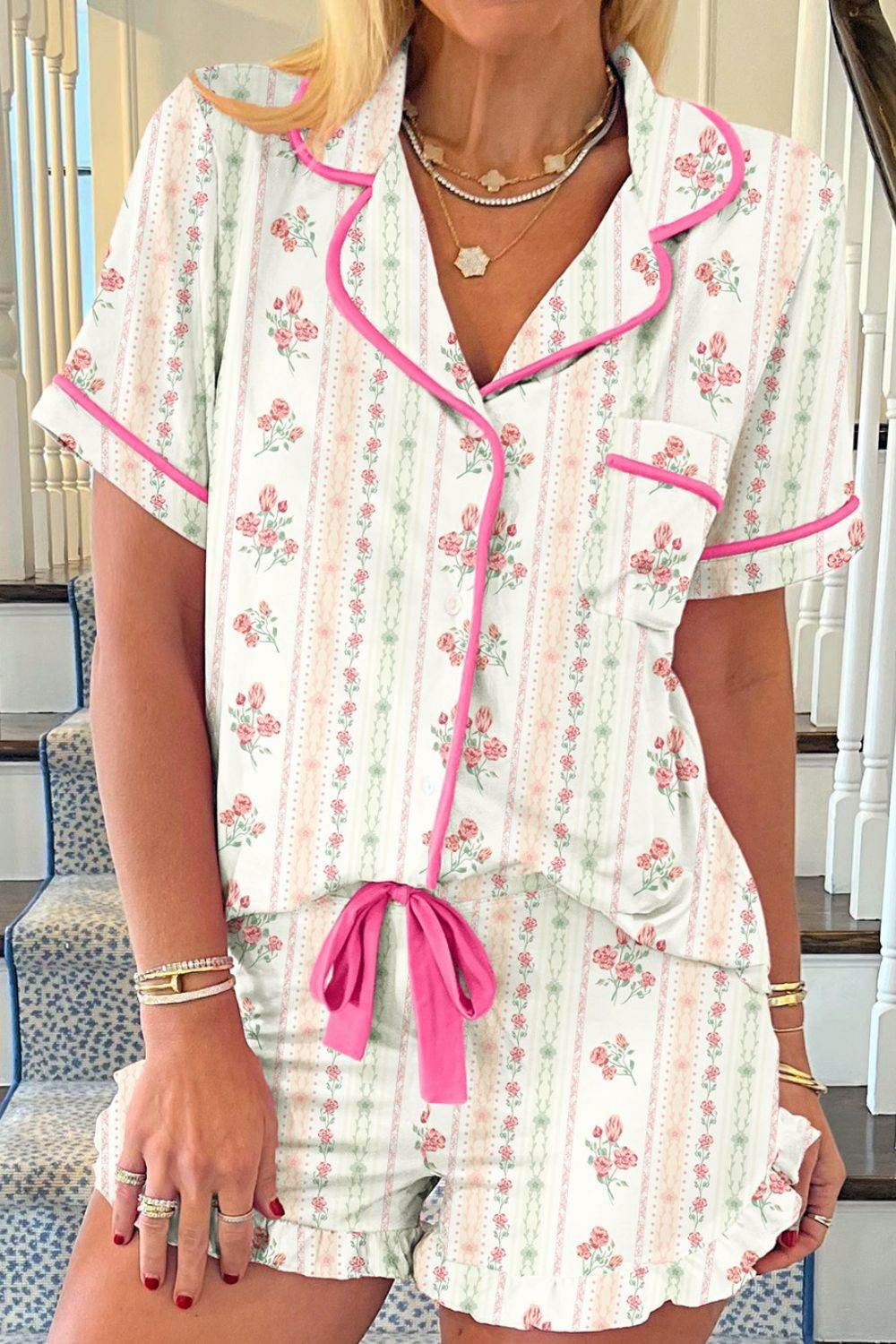 Printed Button Up Short Sleeve Top and Shorts Lounge Set - Selvanelle
