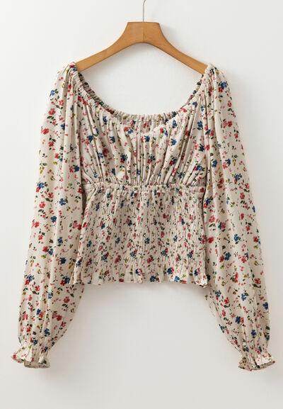 Ruched Printed Scoop Neck Long Sleeve Blouse for Women - Selvanelle