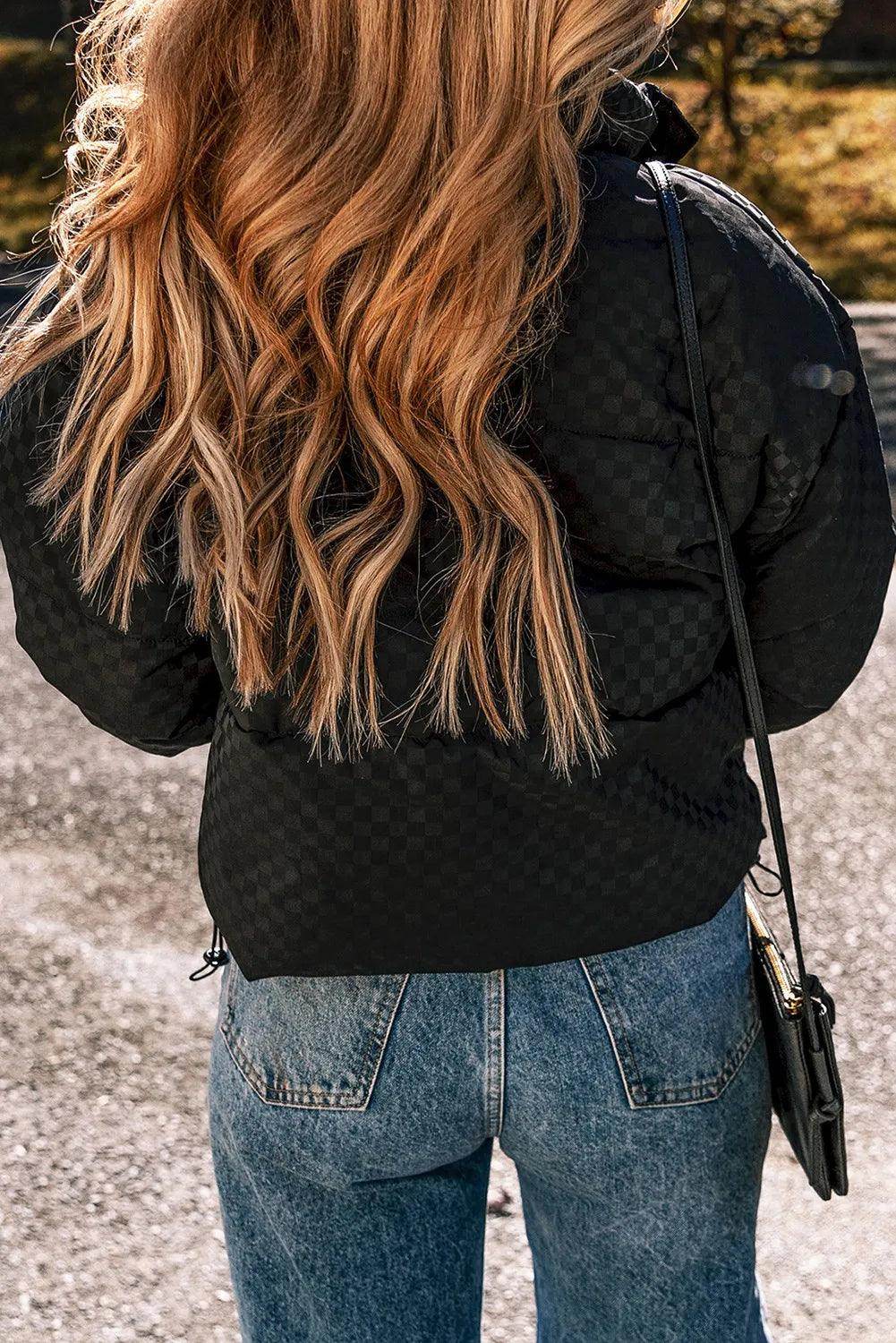 Checkered Turtleneck Zip Up Long Sleeve Winter Coat Style - Selvanelle