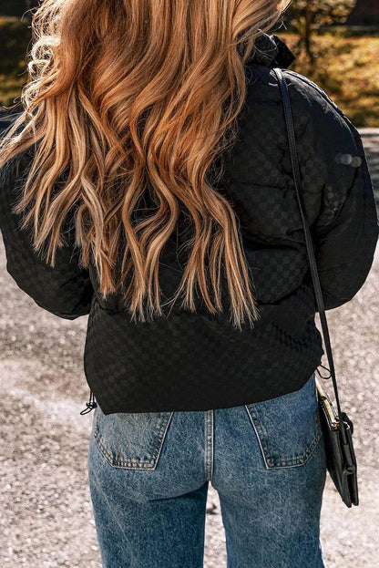 Checkered Turtleneck Zip Up Long Sleeve Winter Coat Style - Selvanelle