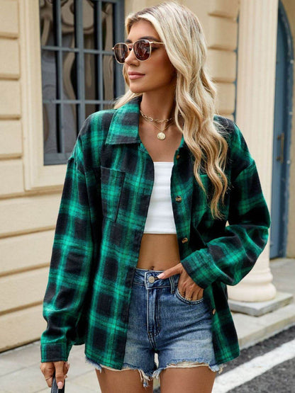 Plaid Collared Neck Long Sleeve Shirt - Selvanelle