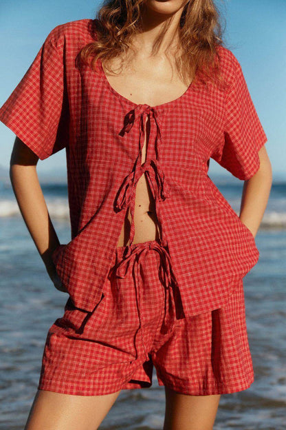 Plaid Tied Scoop Neck Short Sleeve Top and Drawstring Shorts Set - Selvanelle