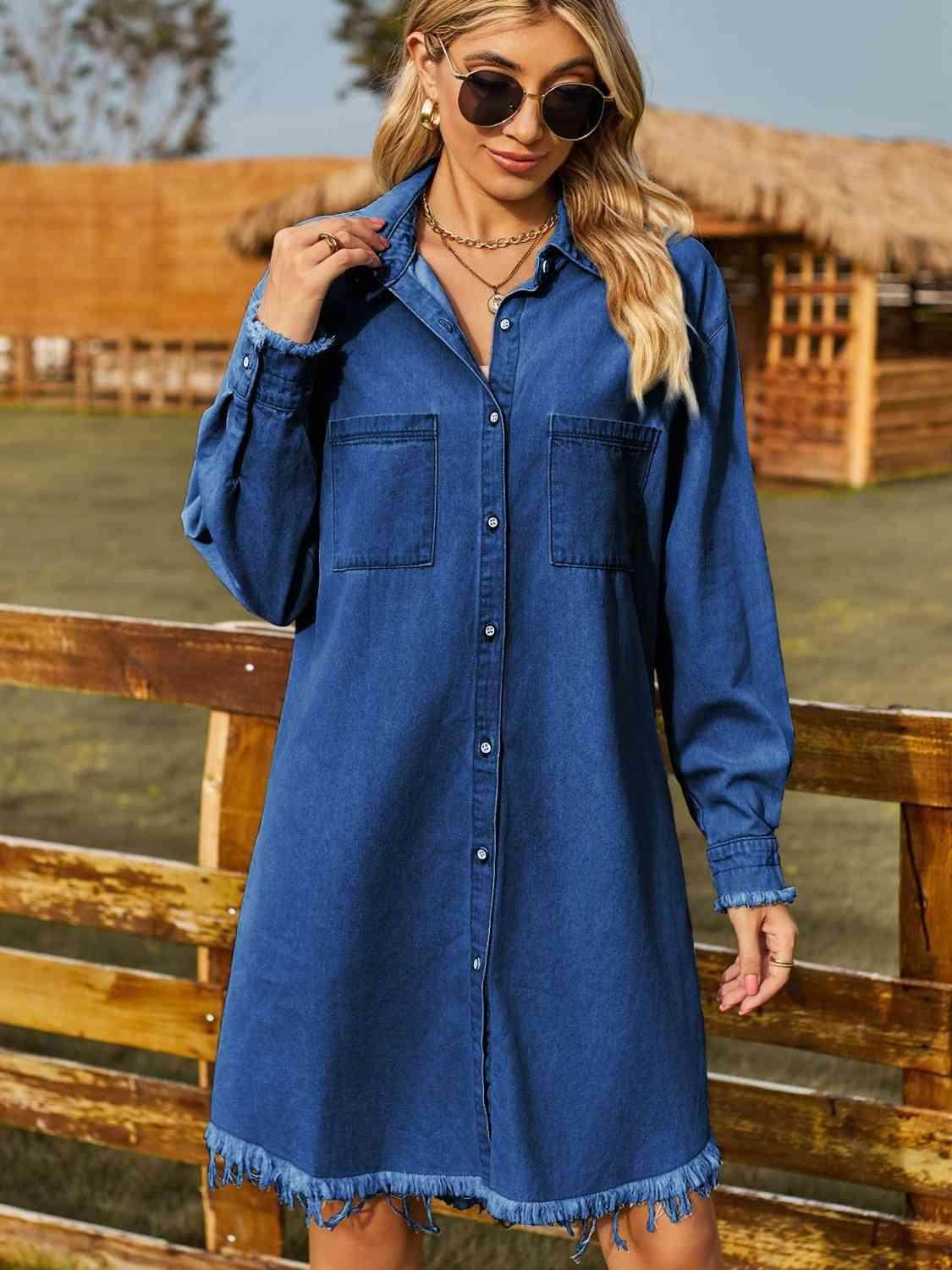 Button Up Collared Neck Raw Hem Denim Dress for Women - Selvanelle