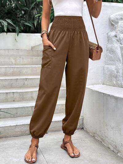 Smocked High Rise Joggers with Pockets for Women - Selvanelle