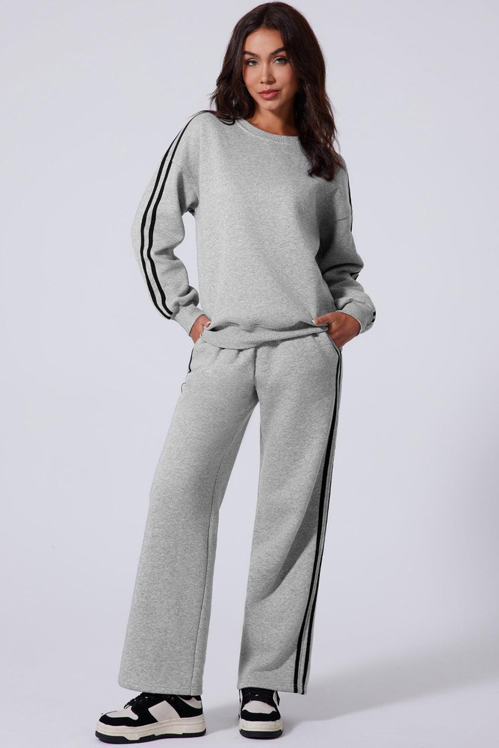 Side Striped Round Neck Top and Pants Active Set for Women