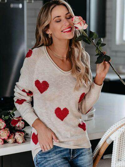 Heart Scoop Neck Long Sleeve Sweater for Women Cozy Style - Selvanelle