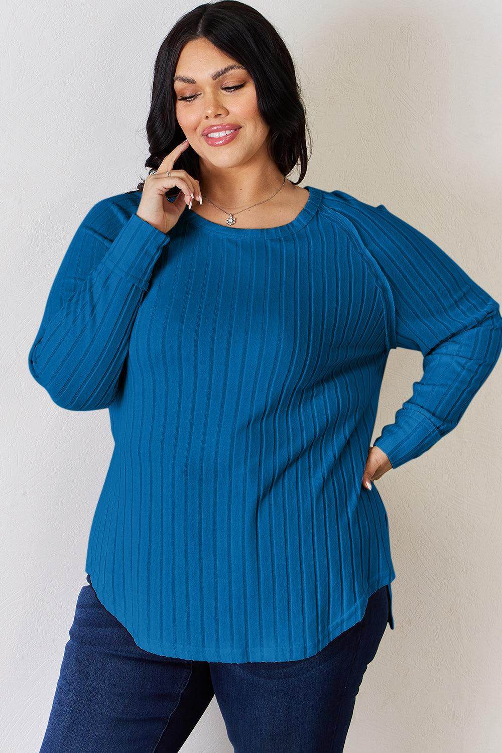 Basic Bae Full Size Ribbed Round Neck Slit T-Shirt for Women - Selvanelle