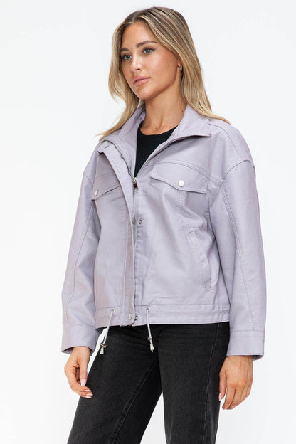 How Dare U Drawstring Hem PU Leather Zip Up Jacket Women - Selvanelle