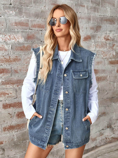 Raw Hem Sleeveless Button Up Denim Jacket for Women - Selvanelle