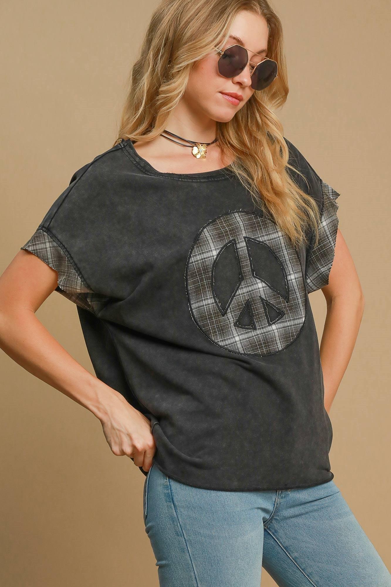 Umgee Peace Applique Round Neck French Terry Top for Women