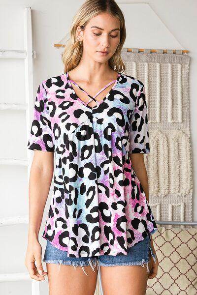 Heimish Full Size Crisscross Neck Animal Print Babydoll Top Plus Size - Selvanelle
