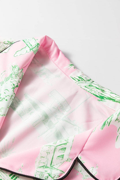 Collared Neck Printed Top and Drawstring Shorts Lounge Set - Selvanelle