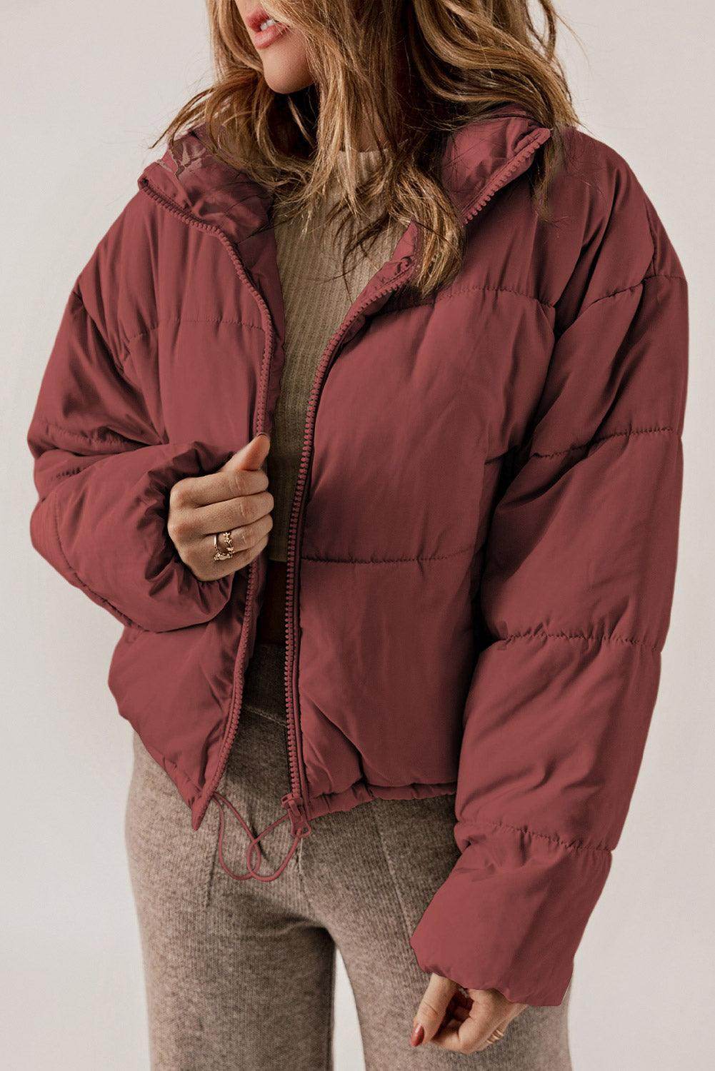 Zip Up Collared Neck Long Sleeve Winter Coat for Women - Selvanelle