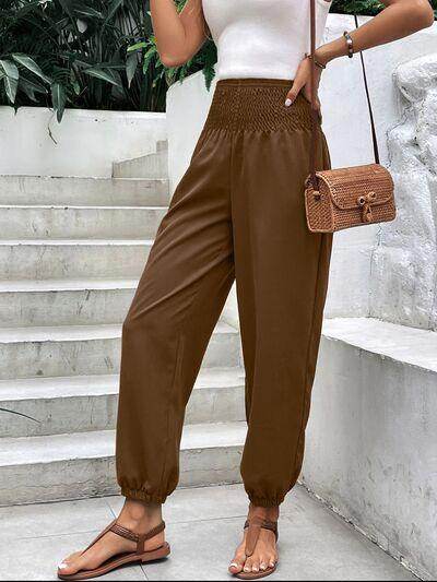 Smocked High Rise Joggers with Pockets for Women - Selvanelle