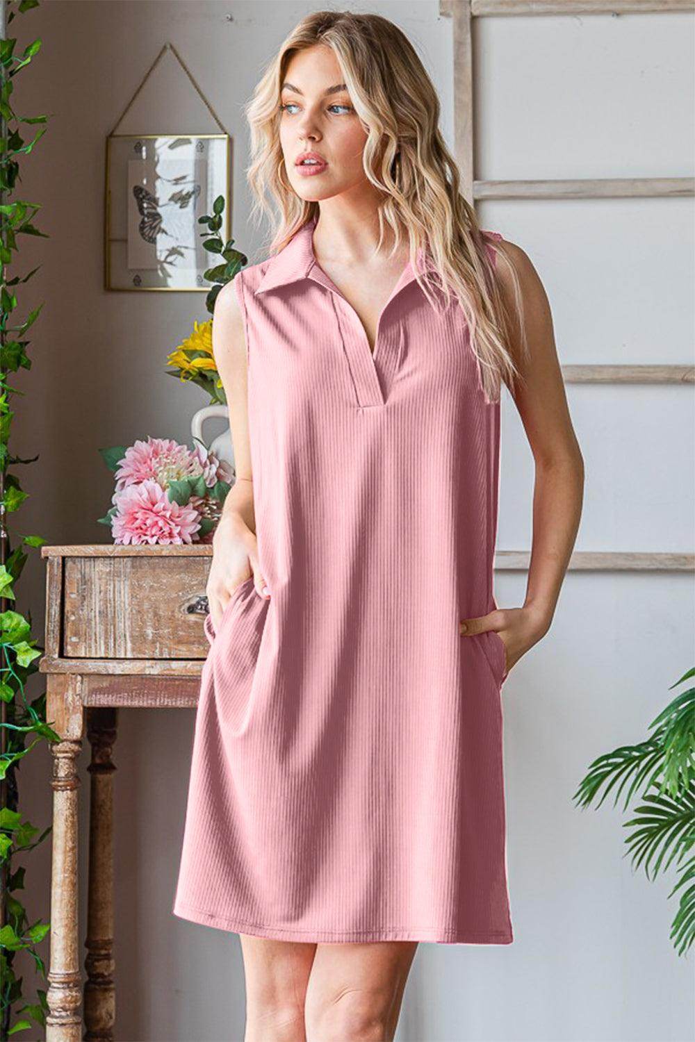Heimish Full Size Ribbed Johnny Collar Sleeveless Dress - Selvanelle