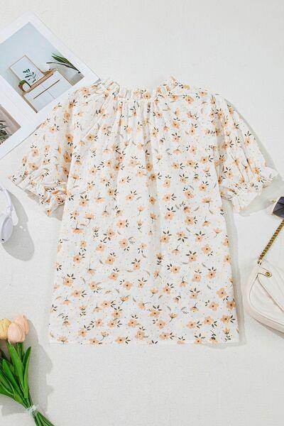 Frill Printed Notched Short Sleeve Blouse for Women - Selvanelle