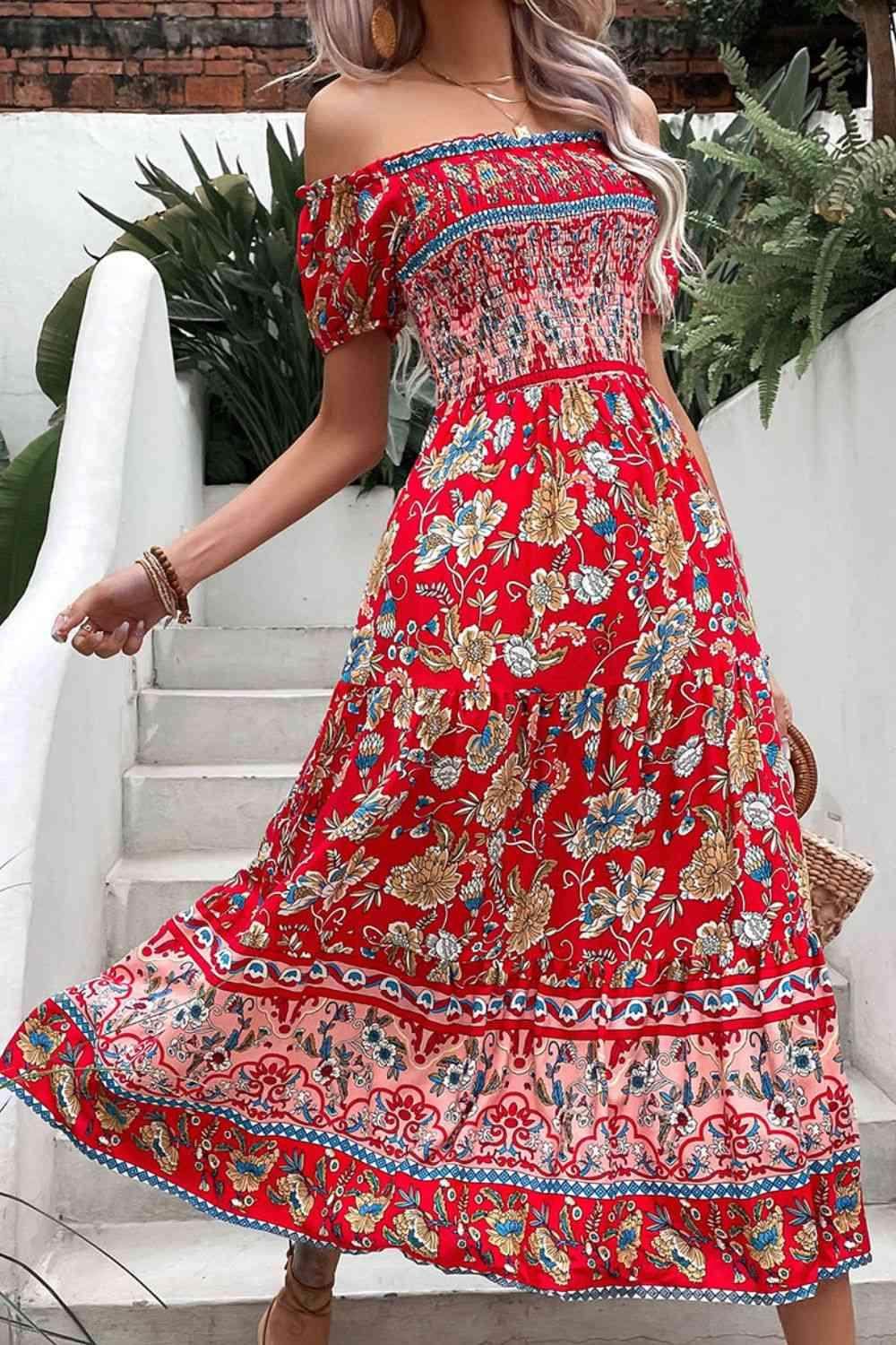 Perfee Floral Off-Shoulder Smocked Midi Dress for Women - Selvanelle