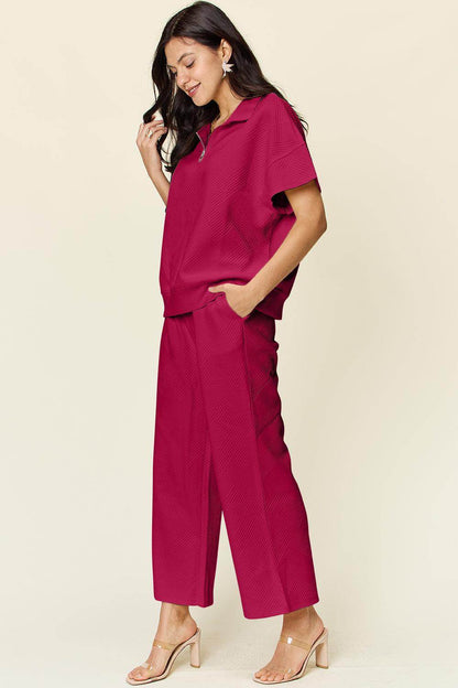 Double Take Full Size Texture Half Zip Short Sleeve Top Set - Selvanelle