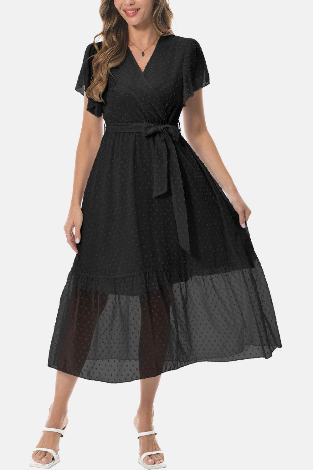 Surplice Neck Flutter Sleeve Tied Dress for Chic Style - Selvanelle
