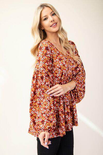 Celeste Full Size Floral V-Neck Balloon Sleeve Blouse Style - Selvanelle