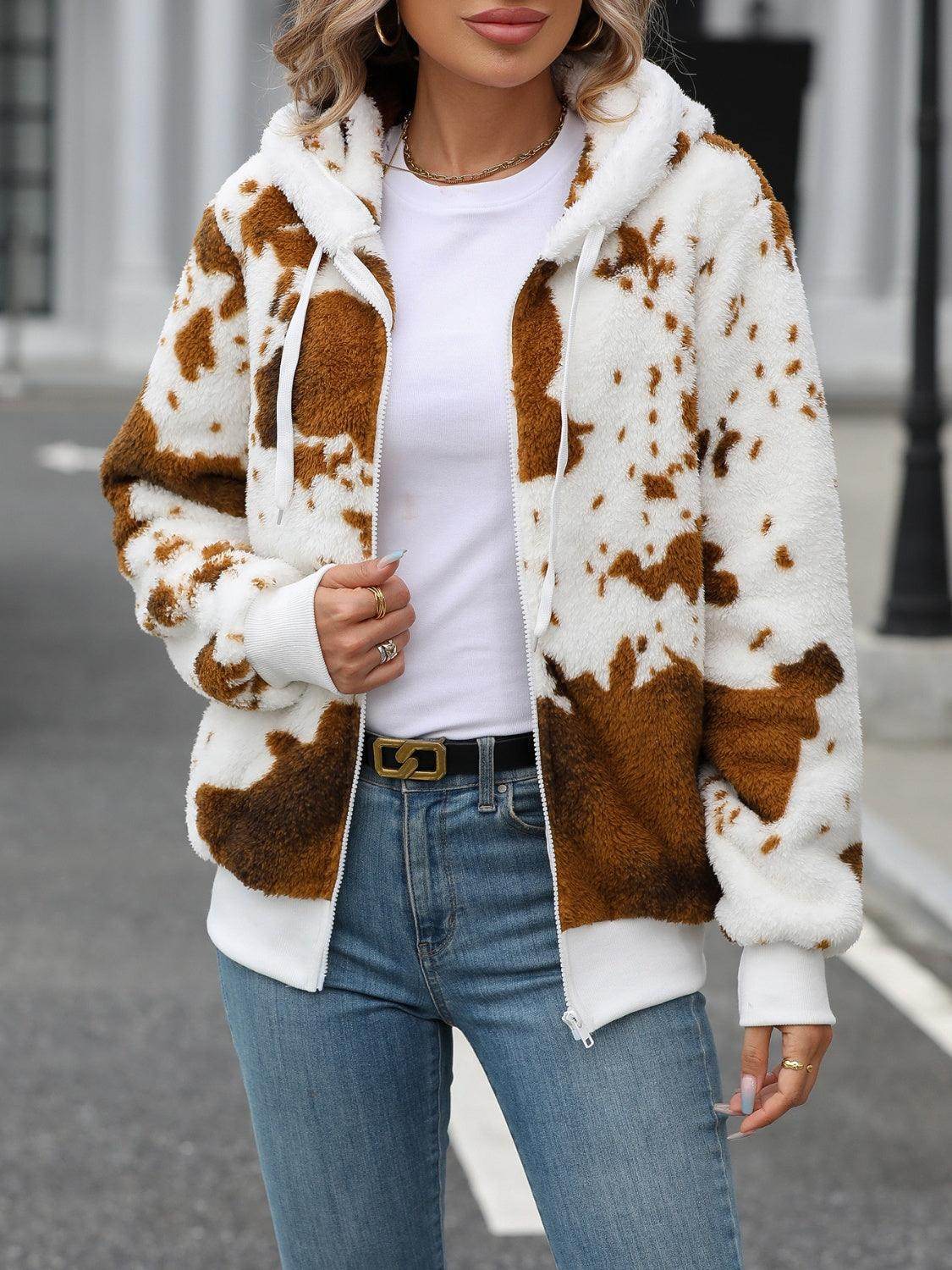 Fuzzy Drawstring Zip Up Hooded Jacket for Cozy Style - Selvanelle