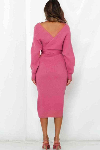 Surplice Neck Bow Waist Slit Sweater Dress for Women - Selvanelle