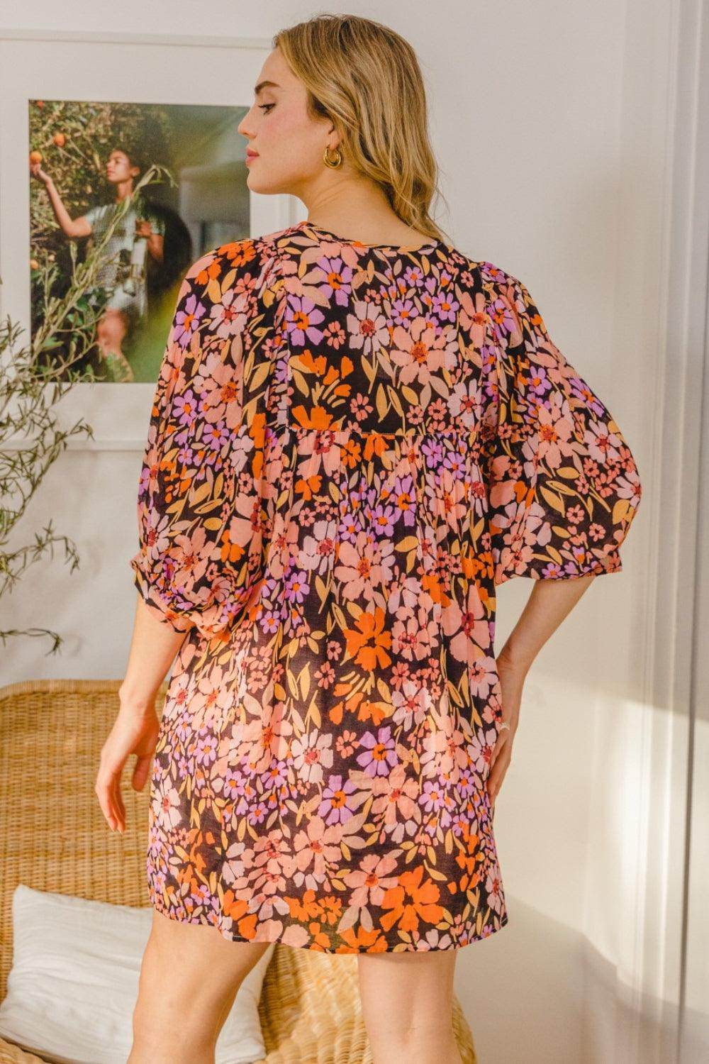 ODDI Full Size Floral Tied Neck Mini Dress for Women - Selvanelle