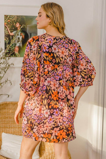 ODDI Full Size Floral Tied Neck Mini Dress for Women - Selvanelle
