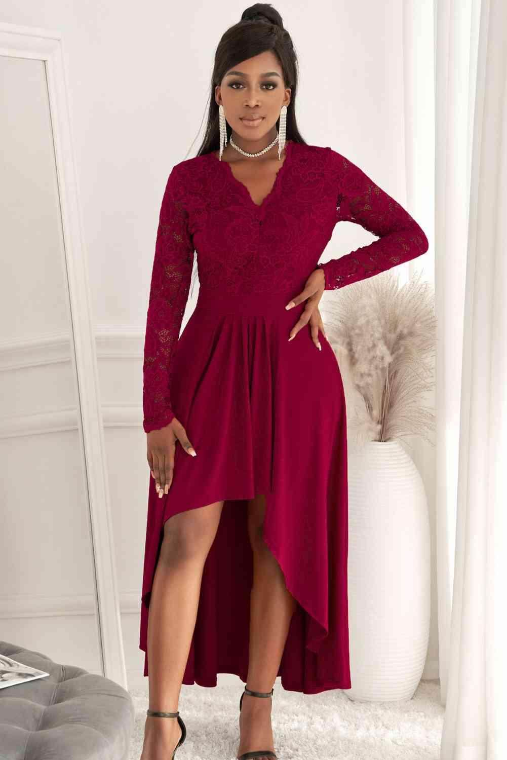 Lace High-Low V-Neck Dress for Elegant Evening Wear - Selvanelle