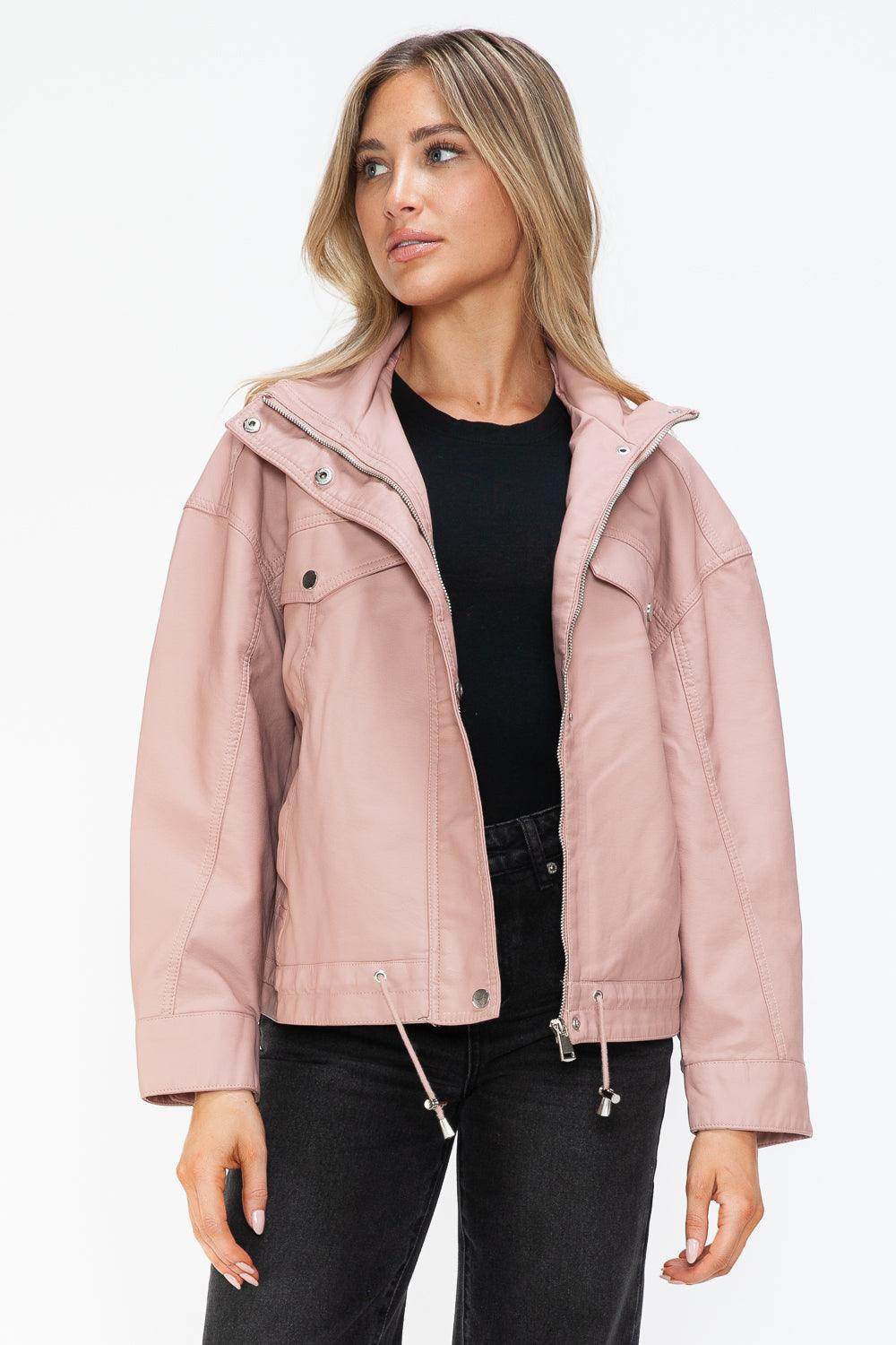 How Dare U Drawstring Hem PU Leather Zip Up Jacket for Women - Selvanelle