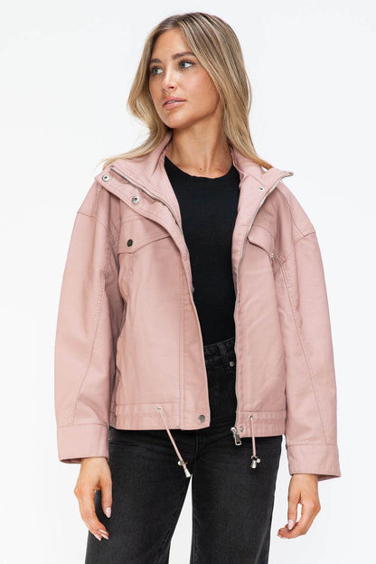 How Dare U Drawstring Hem PU Leather Zip Up Jacket for Women - Selvanelle